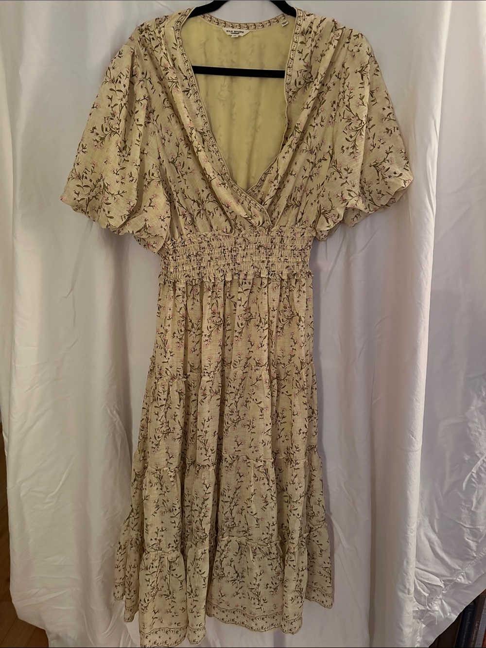 Max Studio Cream Floral Tiered Midi Dress